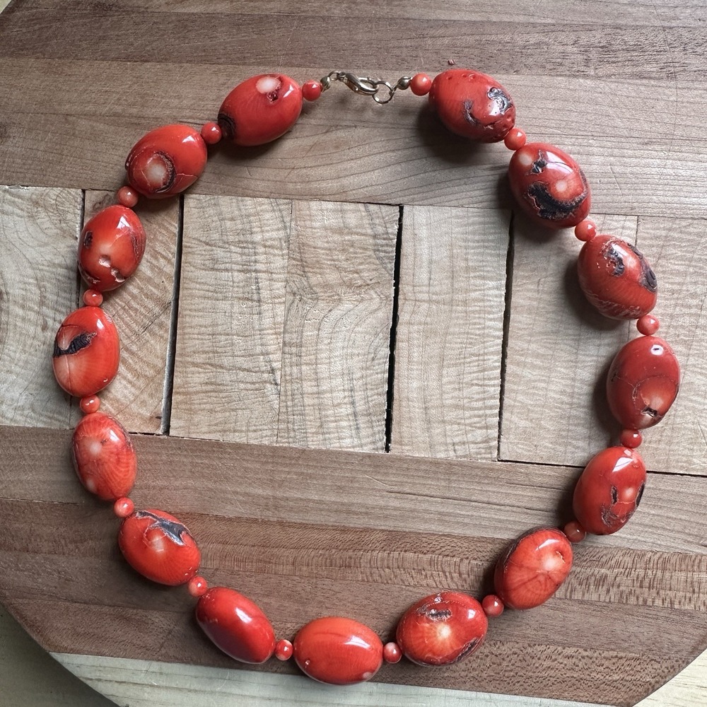 Vintage Beaded‎ Statement Necklace 19 Inch Red Orange Bamboo Coral Chunky Boho